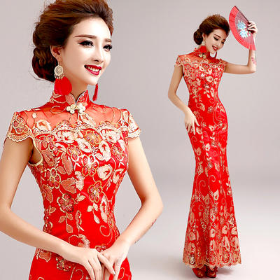 Red lace short sleeve fishtail cheongsam Red lace short sleeve fishtail cheongsam